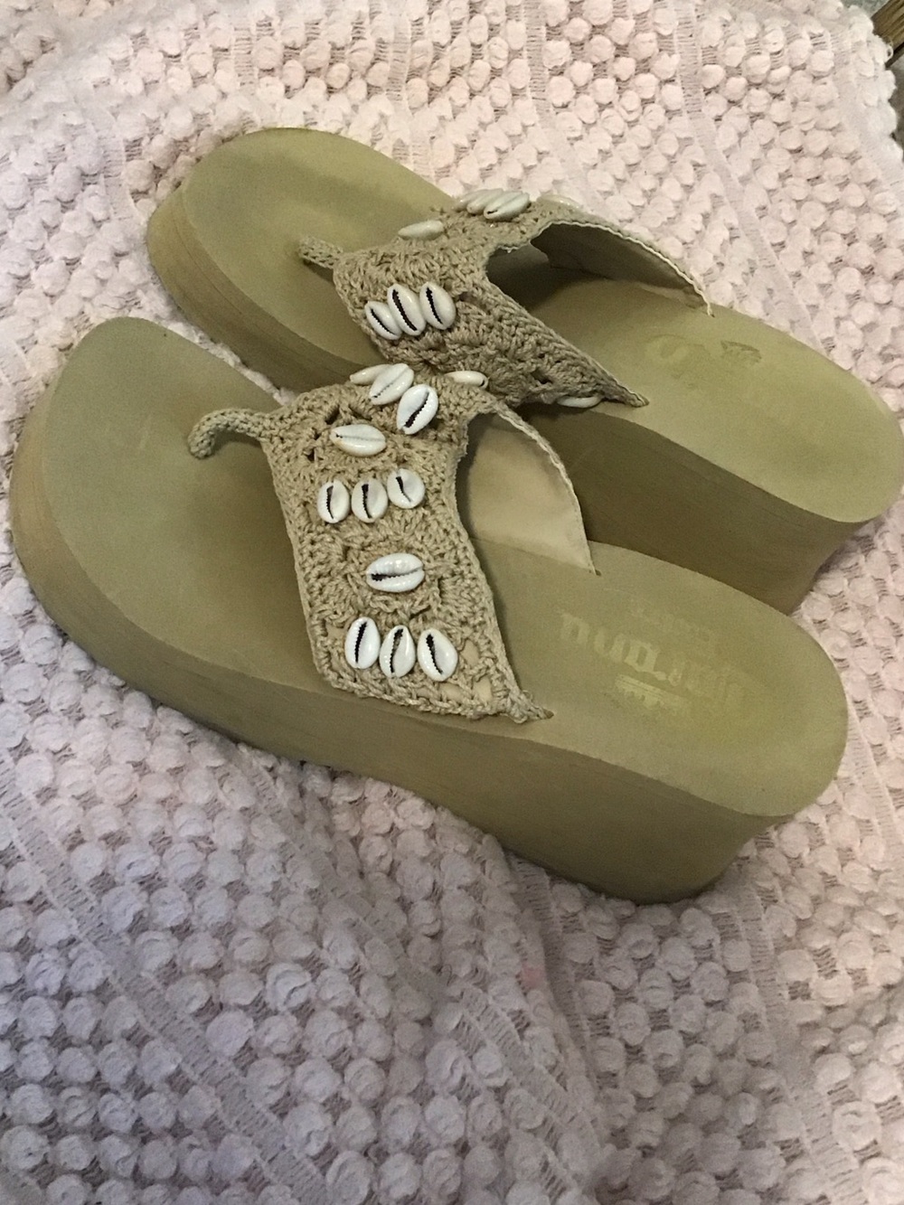 Corona Beige Crochet Platform Sandals with Cowrie Shells